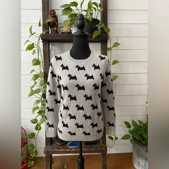 Charter Club: Gray Knit Crew Neck Sweatshirt Western Terrier Dogs with Red Bows - Picture 15 of 17